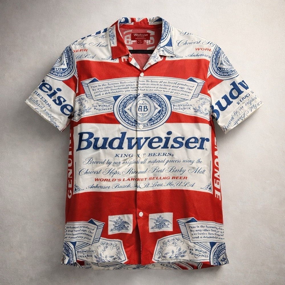 Budweiser PacSun Mens M Rayon Camp Shirt  Red All Over Beer Logo Button Up